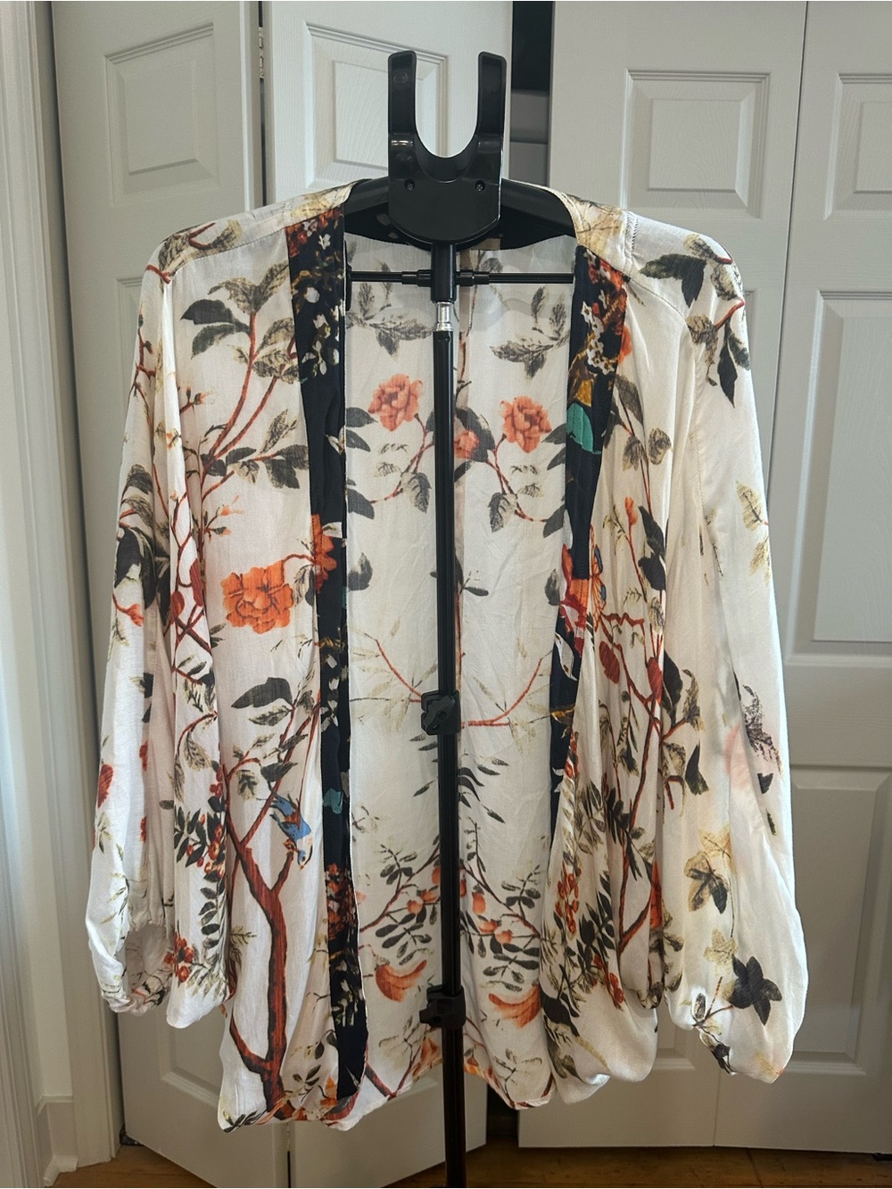 Floral Open-Front White Tunic with Orange Accents